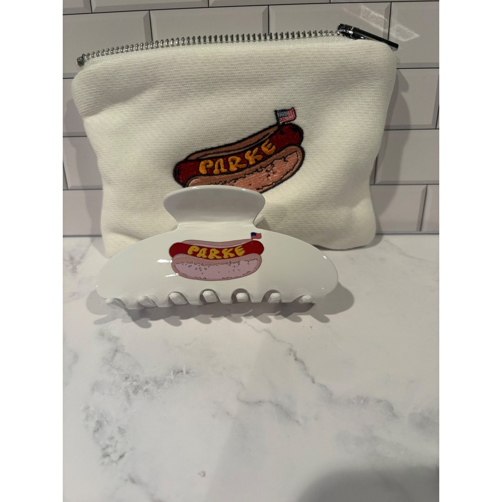 Parke Hot Dog Hair Claw Clip and Embroidered Knit Zipper Pouch Set White - Picture 5 of 5